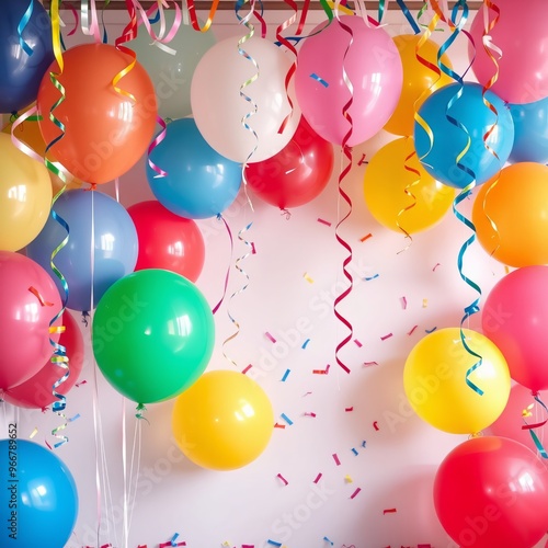 Colorful balloons and streamers create a festive atmosphere for a celebration in a decorated room with confetti