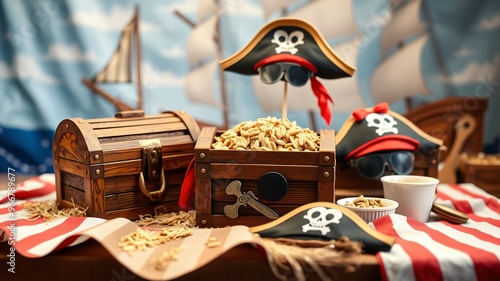 Pirate-themed party setup with treasure chest, snacks, and playful decorations on a striped tablecloth