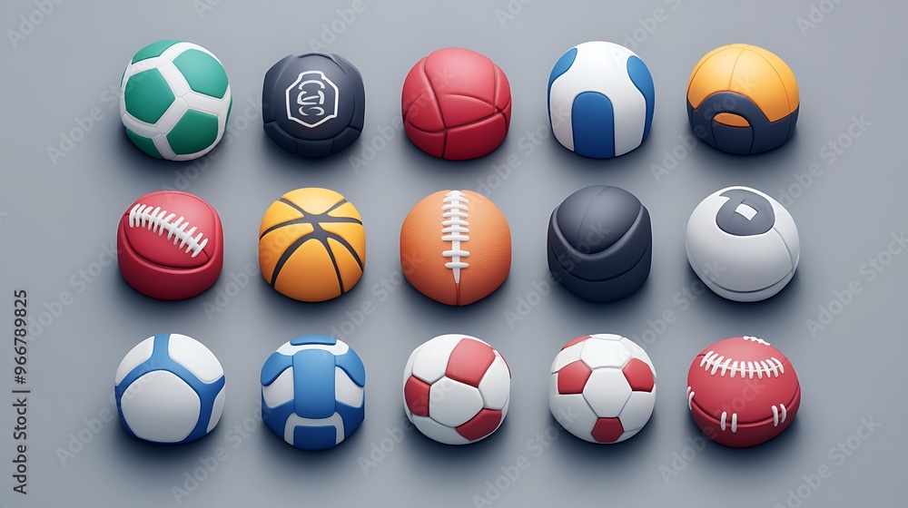 3D illustrated icon set for a sports app, featuring icons for different ...