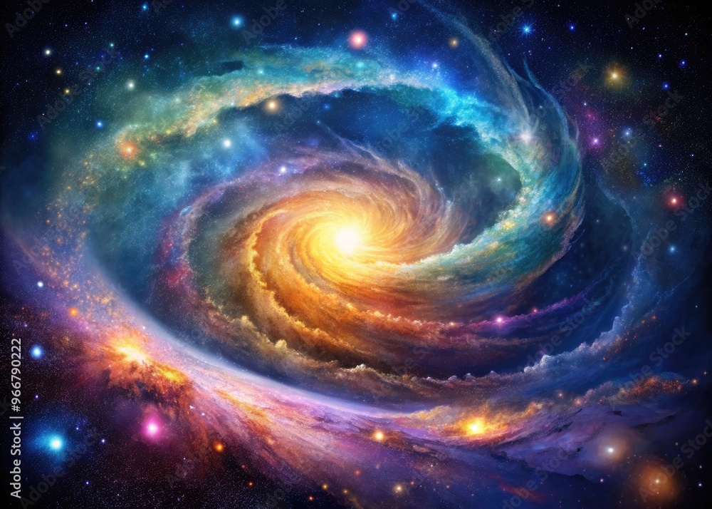 A vibrant, swirling galaxy with bright stars and nebulae is brought to life on a dark background through delicate, expressive pencil strokes and shimmering colors. A vibrant, swirling galaxy with bright stars and nebulae is brought to life on a dark background through delicate, expressive pencil strokes and shimmering colors.
