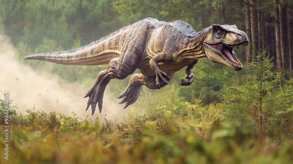 Obraz premium Dinosaur Leaping Through Forest