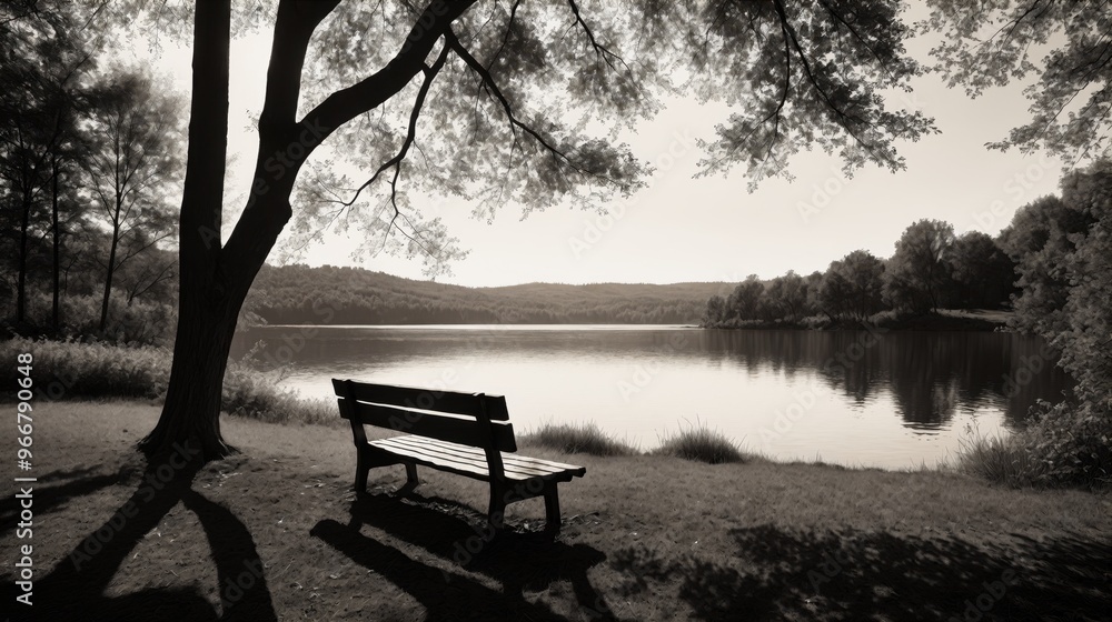 generative ai, Serene Lakeside with Empty Bench under Tree Shadows in Monochrome generative ai, Serene Lakeside with Empty Bench under Tree Shadows in Monochrome