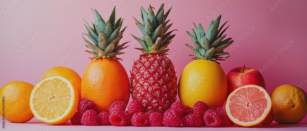 A Still Life of Fresh Fruit with Pineapples, Oranges, Lemons, and Raspberries A Still Life of Fresh Fruit with Pineapples, Oranges, Lemons, and Raspberries