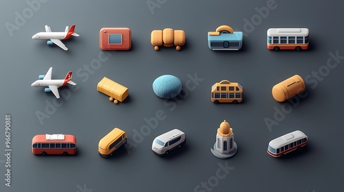 3D illustrated icon set for a travel app, featuring icons for different types of transportation like airplanes, trains, and buses with realistic and immersive designs. 