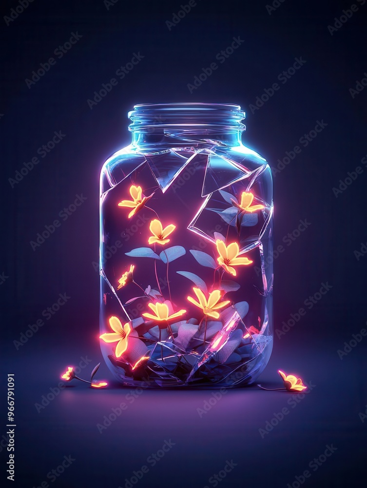 A vibrant display of glowing flowers inside a shattered glass jar, showcasing beauty amidst fragility in a dark background. A vibrant display of glowing flowers inside a shattered glass jar, showcasing beauty amidst fragility in a dark background.