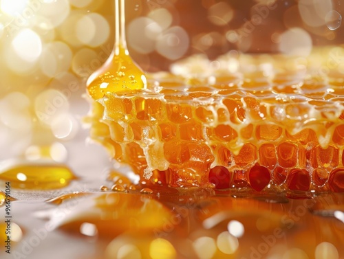 Fresh honey dripping from a honeycomb, honeycomb, sweet freshness