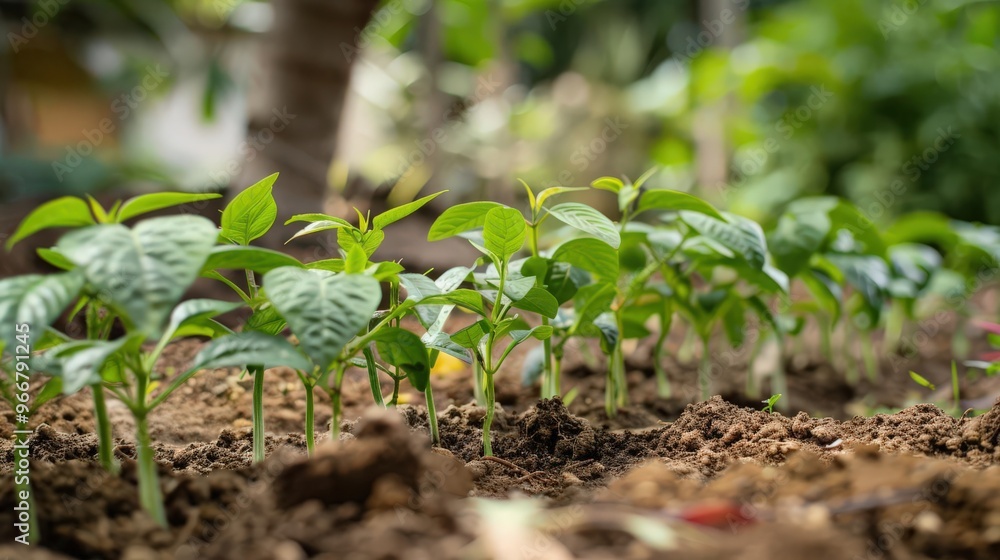 Freshly planted saplings in a garden, saplings, growth freshness Freshly planted saplings in a garden, saplings, growth freshness