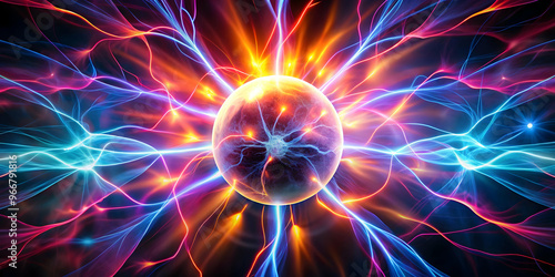 Plasma Sphere: Vivid, neon-like tendrils of energy surge from a glowing orb, creating an abstract masterpiece against a dark background.