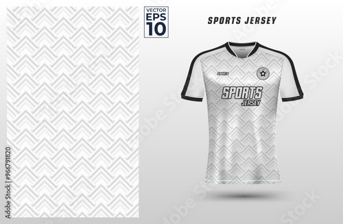 Black and white T-shirt sport jersey design template with geometric line pattern background. Sport uniform in front view. Shirt mock up for sport club. Vector Illustration