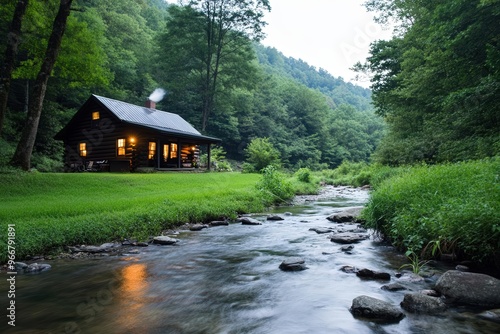 Rustic log cabin by a mountain stream, perfect for nature retreats photo