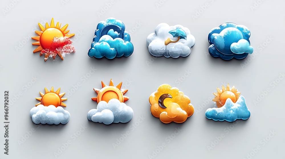 3D illustrated icon set for a weather app, featuring icons for ...
