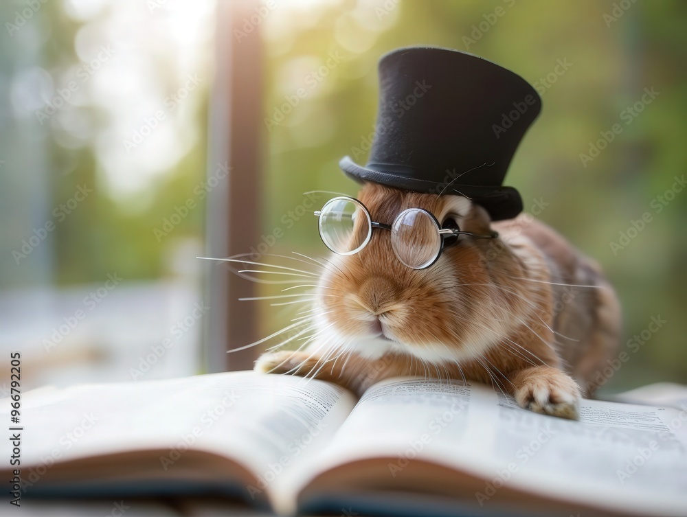 Rabbit with a tiny top hat and monocle reading a book, funny animals, sophisticated bunny