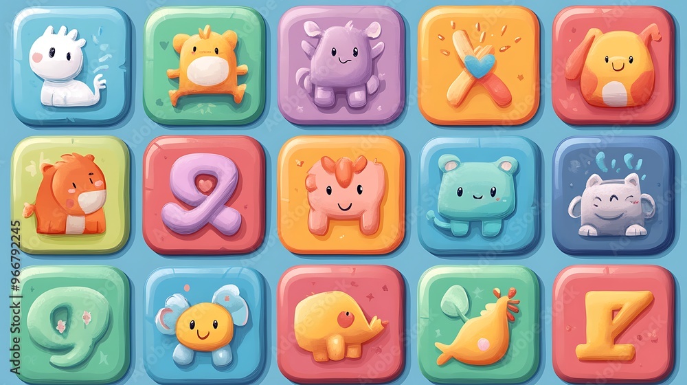 Cartoonish icon set for a kids learning app, featuring bright and fun icons of alphabets, numbers, and animals with a playful design. Cartoonish icon set for a kids learning app, featuring bright and fun icons of alphabets, numbers, and animals with a playful design.