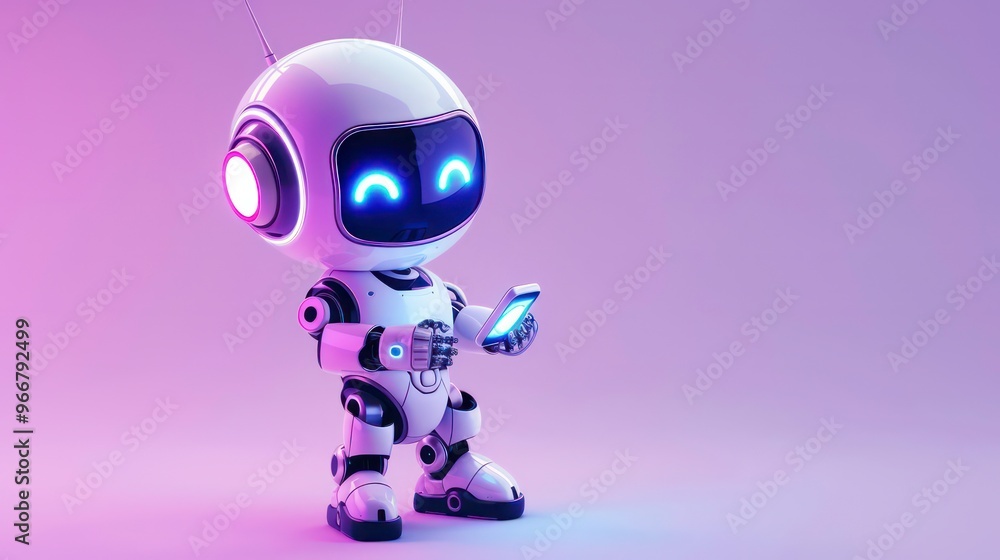 A white robot with blue eyes looks at a glowing smartphone in its hand. The background is a light purple gradient. A white robot with blue eyes looks at a glowing smartphone in its hand. The background is a light purple gradient.