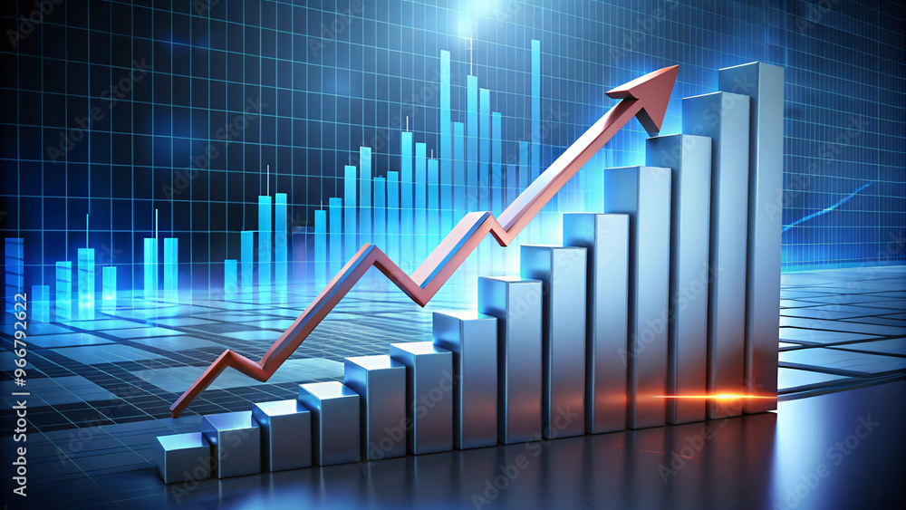3D bar chart illustration of city skyline with upward arrow, representing business growth and market success 3D bar chart illustration of city skyline with upward arrow, representing business growth and market success