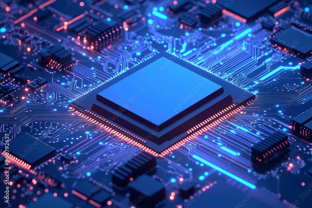 Fototapeta premium AI chip background with blue circuit light elements on technology dark background. Circuit board, AI semiconductor and computer processor. Abstract polygonal microchip. with generative ai