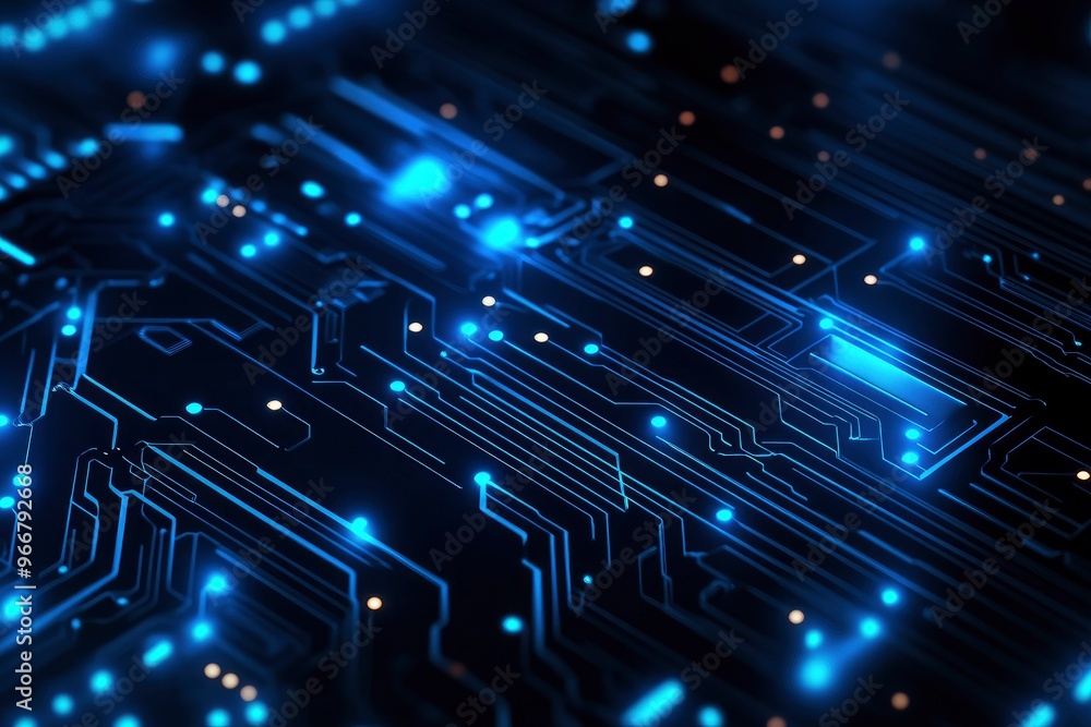 Fototapeta premium AI chip background with blue circuit light elements on technology dark background. Circuit board, AI semiconductor and computer processor. Abstract polygonal microchip. with generative ai