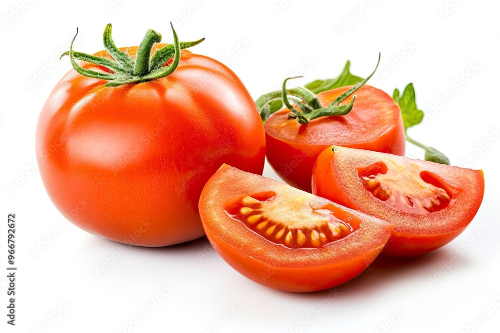 Tomato vegetables isolated on white background. One whole tomato and cut slice , ai Tomato vegetables isolated on white background. One whole tomato and cut slice , ai
