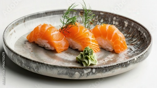 Salmon sashimi on a minimalist plate, detailed and vibrant, Japanese cuisine, fine dining presentation