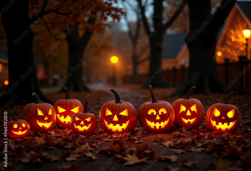 Halloween Evening’s Carved Jack-O-Lanterns Amongst Fallen Leaves Halloween Evening’s Carved Jack-O-Lanterns Amongst Fallen Leaves