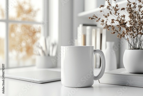 White Mug on a White Table with a Laptop and Dried Flowers