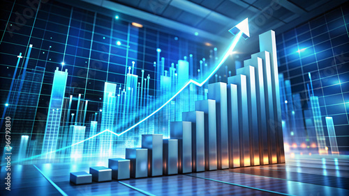 3D bar chart illustration of city skyline with upward arrow, representing business growth and market success