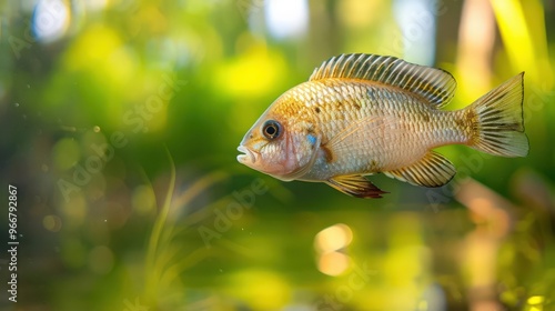 Blackchin tilapia feeding on algae in a crystalclear pond, demonstrating natural behavior, Blackchin tilapia, aquatic life cycle photo