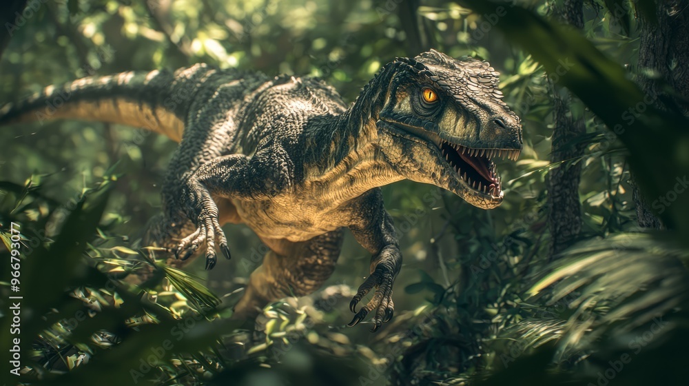 Obraz premium Raptor Dinosaur in Lush Jungle