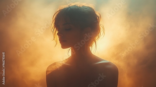 Silhouette of a woman in a hazy yellow light photo