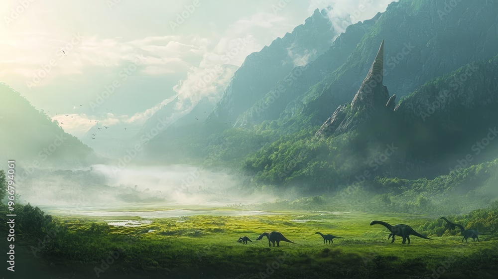 Obraz premium Prehistoric Valley Landscape with Dinosaurs and Fog