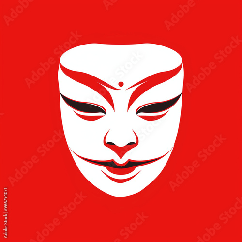 Minimalist Asian Mask with Subtle Red Face Paint on White
