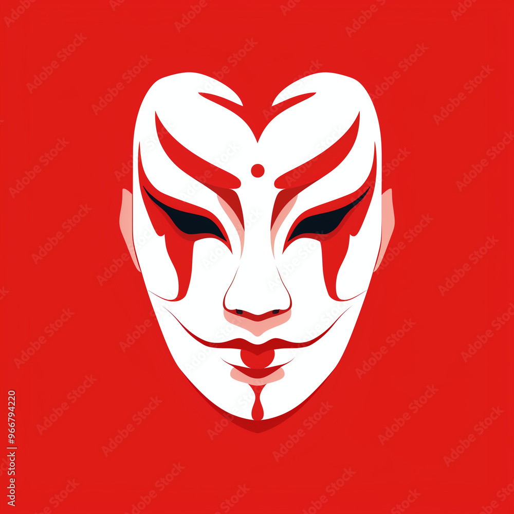 Elegant White Mask with Red and Black Accents on Red Background
Elegant White Mask with Red and Black Accents on Red Background