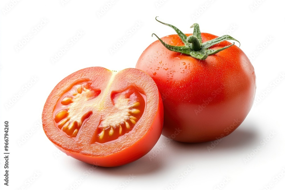 Tomato vegetables isolated on white background. One whole tomato and cut slice , ai Tomato vegetables isolated on white background. One whole tomato and cut slice , ai