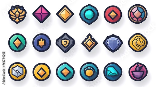 Flat vector icon set for a gaming app, featuring icons for different types of gaming communities like clans, guilds, and teams with a modern and user-friendly design.  photo