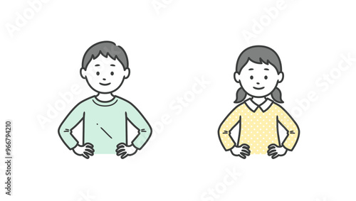 腰に手を当てて自信を見せる少年少女の上半身イラスト
