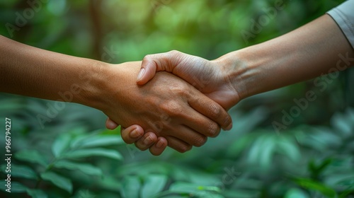 Two hands shaking against a green foliage backdrop, symbolizing agreement, partnership, or collaboration.