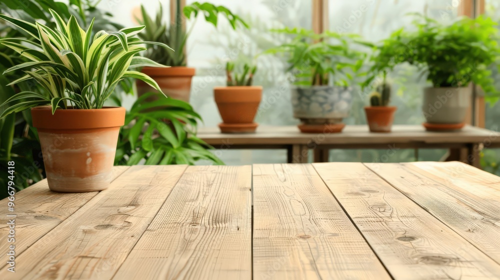 Sunlit wooden table in a greenhouse with potted plants, wooden table, green oasis Sunlit wooden table in a greenhouse with potted plants, wooden table, green oasis
