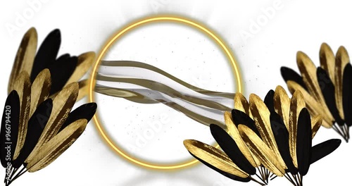 Animation of gold frame abd leaves over layers waving on white background photo