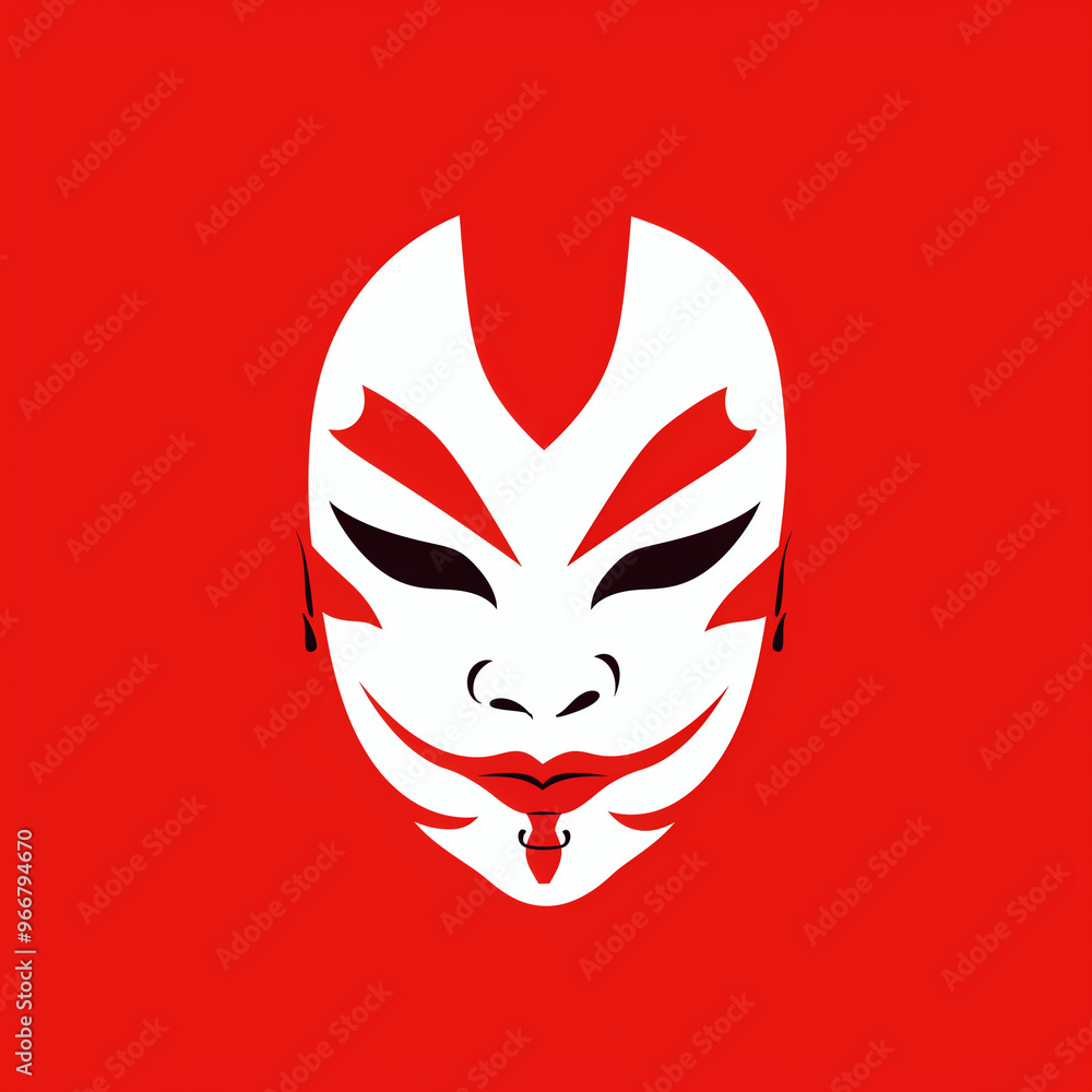 Stylized White Mask with Red Features on Red Background
Stylized White Mask with Red Features on Red Background