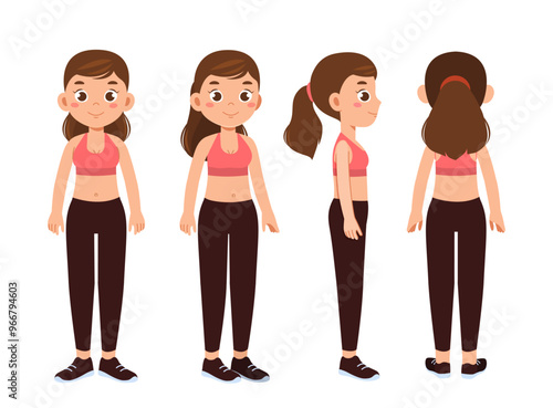 Fitness girl constructor. Woman in sportive uniform stand. Kit for creating animations. Pack of character in various angles. Fitness and sport. Flat vector collection