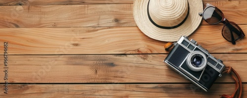 Wooden table with a vintage camera and travel souvenirs, wooden table, travel memories photo