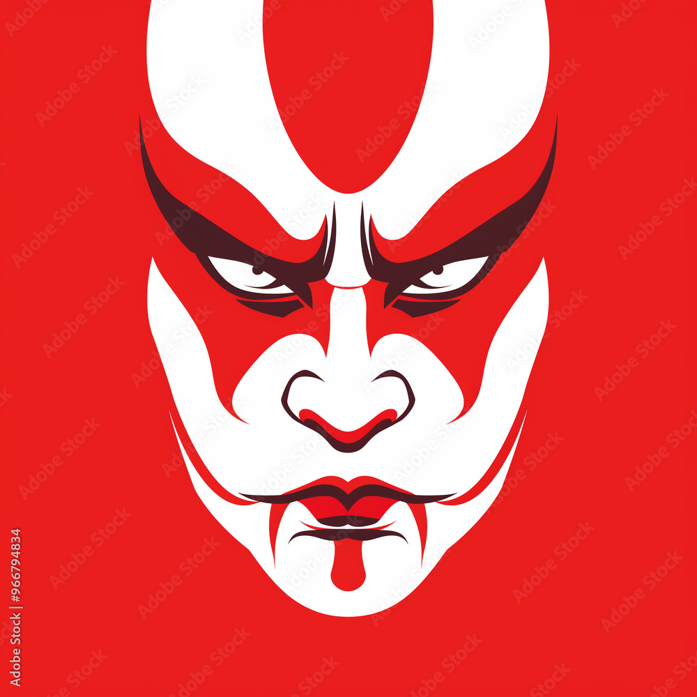 Bold Red and White Mask with Fierce Expression
Bold Red and White Mask with Fierce Expression
