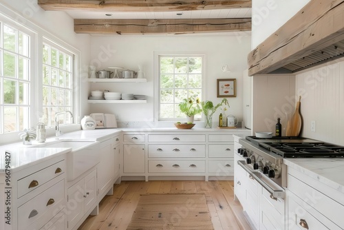 White farmhouse kitchen with rustic wooden beams and vintage decor, cozy and charming, white kitchen, rustic farmhouse