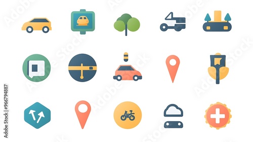 Flat vector icon set for a navigation app, featuring icons for different types of transportation routes like highways, side streets, and bike lanes with clear and informative designs.  photo