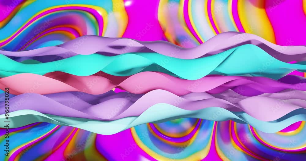 Animation of multi coloured layers waving over vibrant background