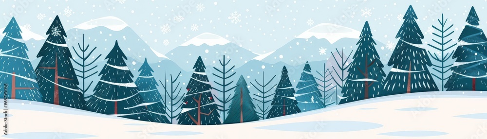 Obraz premium Winter landscape, snowy trees and hills, flat design illustration