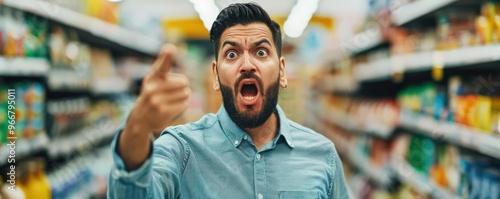 Angry customer pointing at a broken product, demanding replacement, defective merchandise issue photo