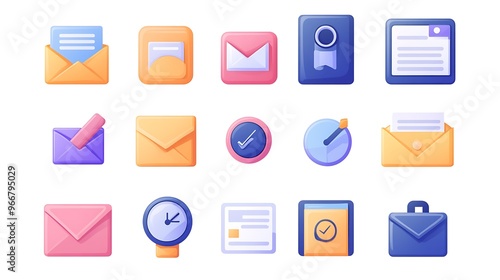 Flat vector icon set for a productivity app, featuring icons for different types of tasks like emails, meetings, and deadlines in a clear and streamlined design. 