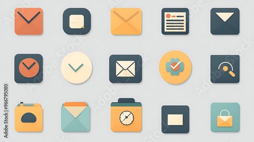 Flat vector icon set for a productivity app, featuring icons for different types of tasks like emails, meetings, and deadlines in a clear and streamlined design. 