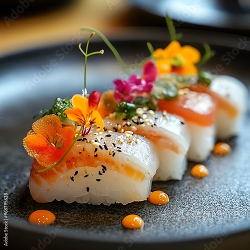 Beautifully arranged plate of sushi featuring seasonal ingredients, Japanese food, chef s special photo